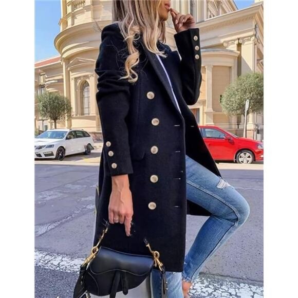 Womens Double Breasted Trench Coats Navy Blue - Picture 2 of 5